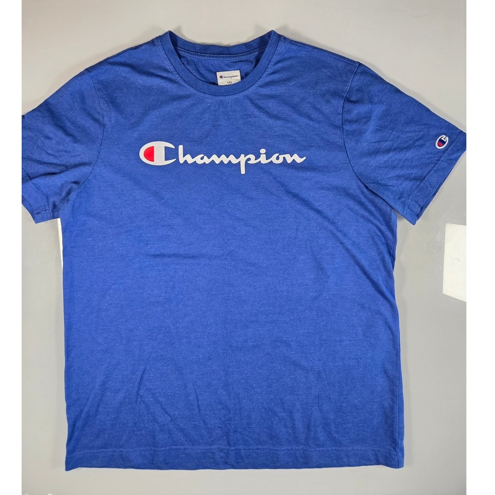 Champion Mens Script Graphic Logo T-Shirt Blue Heather Large L Short Sleeve Tee